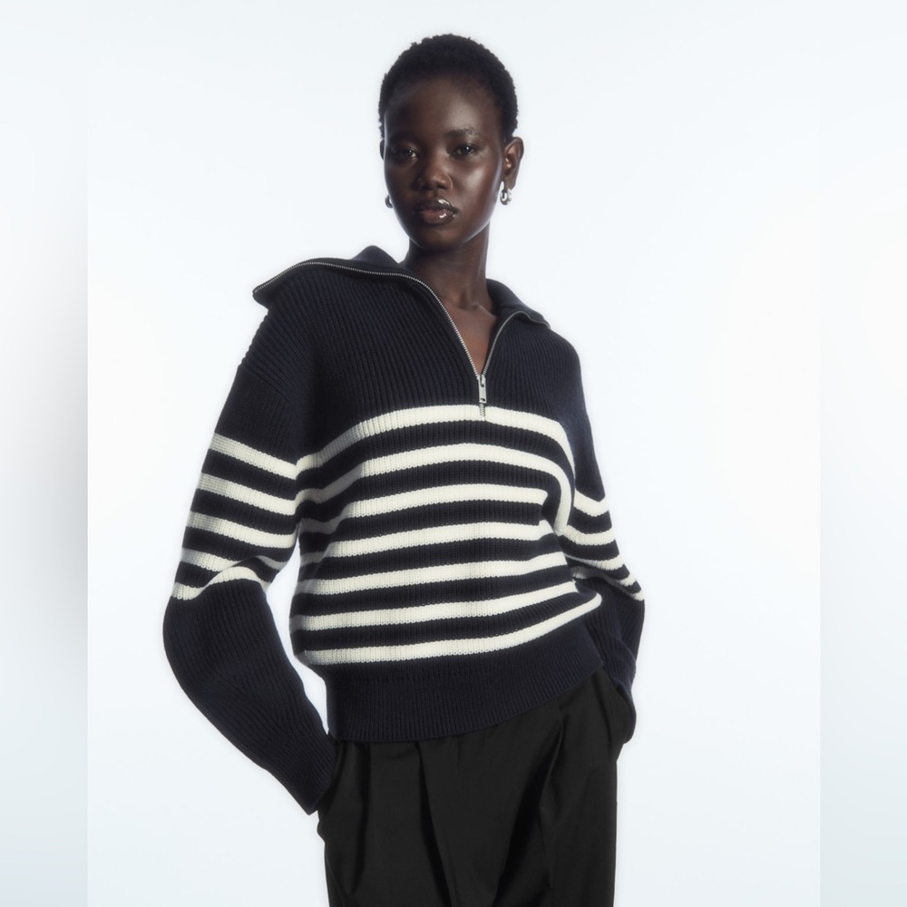 COS Navy White 1/4 Half Zip Chunky Knit Stripe Sweater Boxy Fit Cotton